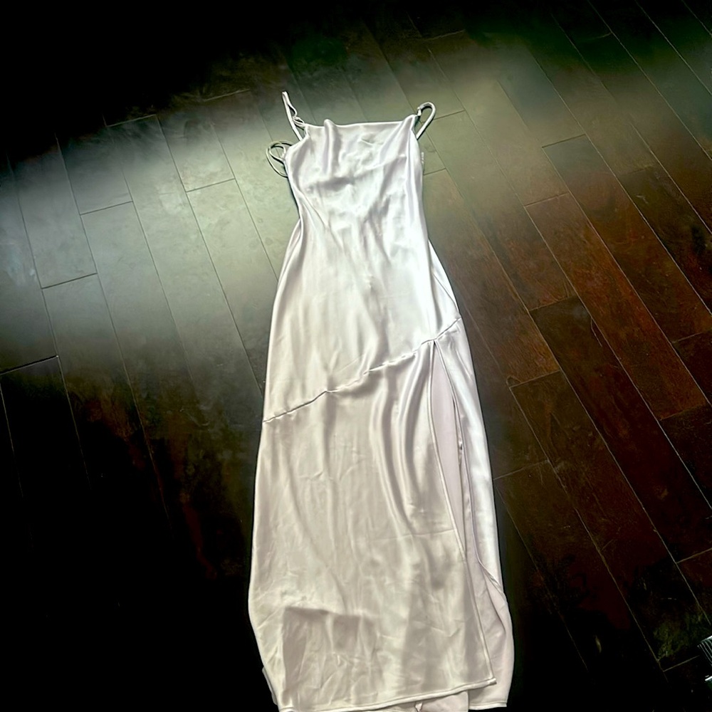 Lavender satin maxi dress with tied back closure with lace + zipper closure